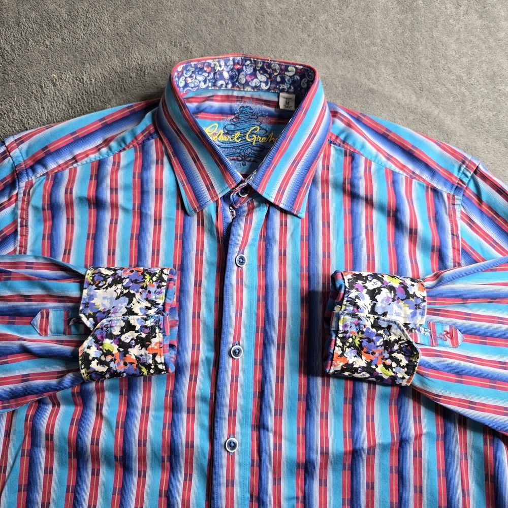 Robert Graham Shirt Mens Medium Blue Red Striped Flip Cuff Abstract Floral